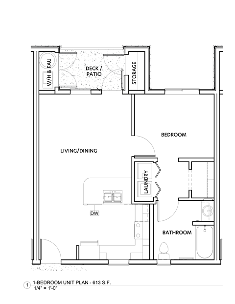 Floor plan for 1 bed, 1 bath, 613 sqft